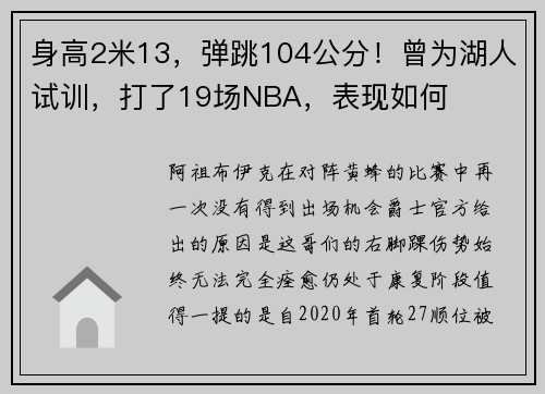 身高2米13，弹跳104公分！曾为湖人试训，打了19场NBA，表现如何