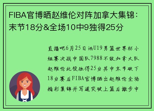 FIBA官博晒赵维伦对阵加拿大集锦：末节18分&全场10中9独得25分
